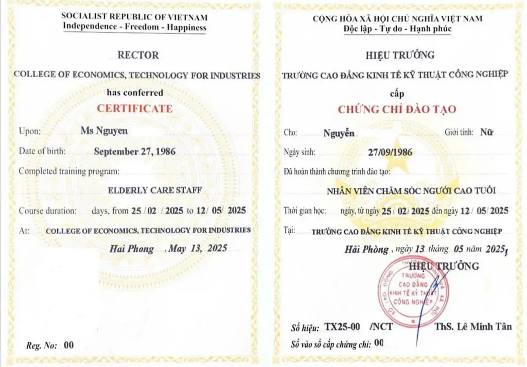 Chứng chỉ khóa học chăm sóc người cao tuổi