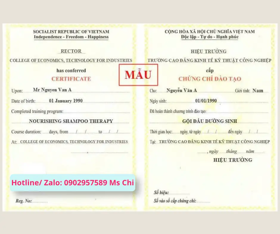 Mẫu chứng chỉ gội đầu dưỡng sinh do Trường Cao đẳng Kinh tế Kỹ thuật cấp
